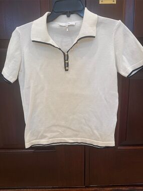 Frame Denim White Short-Sleeve Polo with Black Trim and Gold Buttons